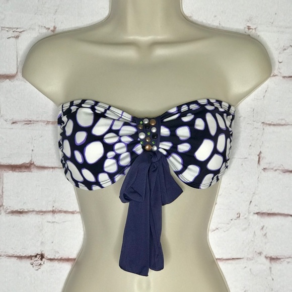 ST. JOHN Pebble Size 6 Bandeau & Halter Tie Embellished Swim Top Navy & White - Picture 2 of 15